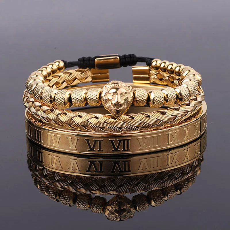 High Quality Luxury Stainless Steel Roman Bangle Lion Charm Men Jewelry Handmade Braided Macrame Bracelets Male Gift